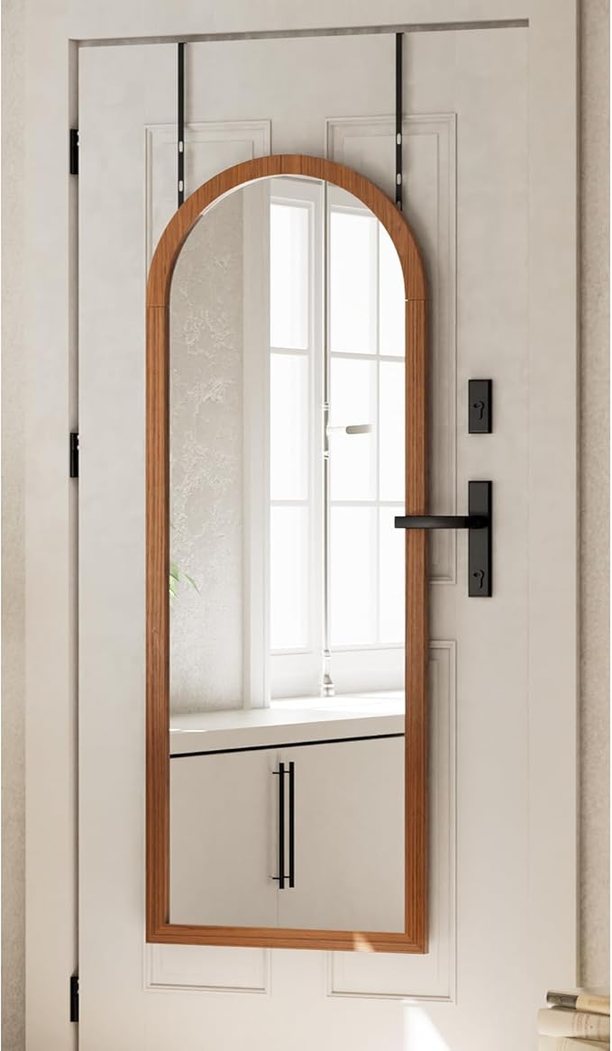 18"x48" Full Length Over The Door Mirror with Wood Frame Shatterproof Tempered Glass, Space-Saving Design, Adjustable Height Hooks