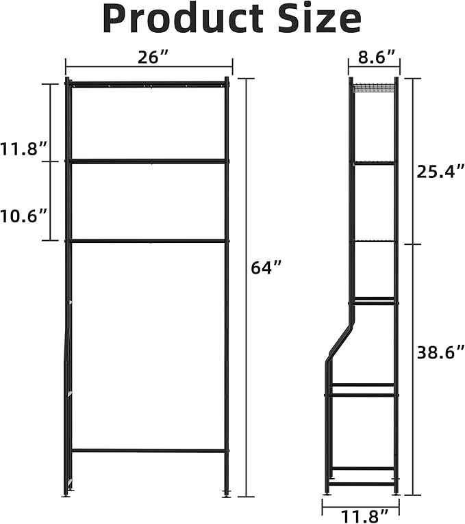 3-Tier Over The Toilet Storage, Freestanding Metal Bathroom Shelves, Space Saver Above The Over Toilet Storage Shelf for Bathroom, Black