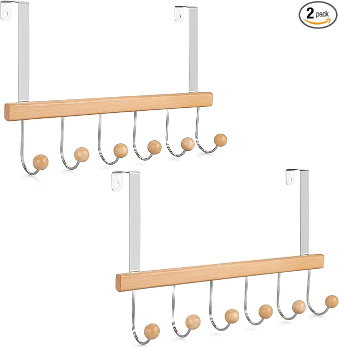 TOPIA HANGER Over The Door Hooks for Hanging, Towel Hooks Towel Racks for Bathroom, Coat Hooks Coat Rack Over The Door Organizer Hanging, Wooden Door Hangers for Coat Towel Hat Purse CT72N - 2 Pack