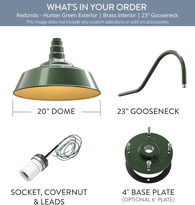Steel Lighting Co. Redondo Barn Light | Outdoor Wall Mounted | 20 inch Dome | 23" Gooseneck | Large Farmhouse Warehouse Light Made in America | Hunter Green Exterior/Brass Interior