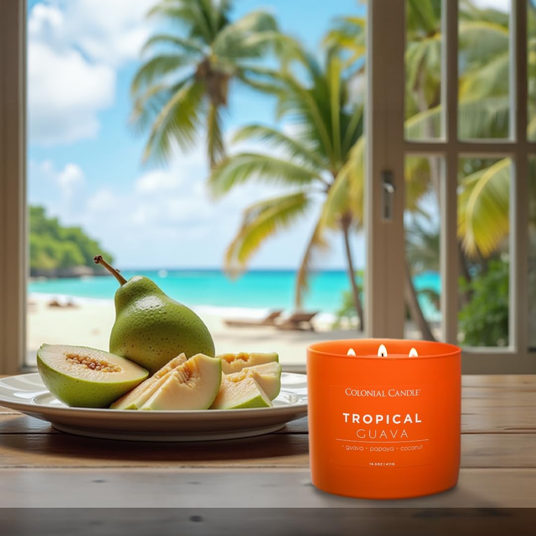Colonial Candle Tropical Guava Scented Jar Candle, Pop of Color Collection, 3 Wick, 14.5 oz - Up to 60 Hours Burn