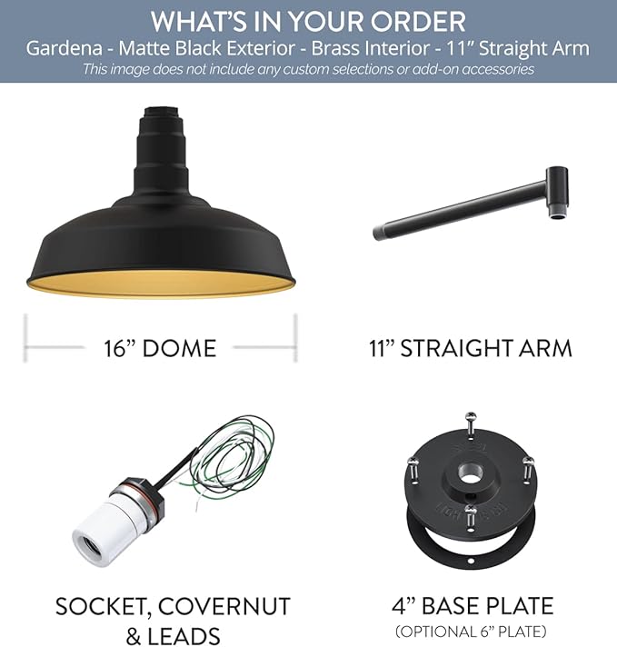 Steel Lighting Co. Gardena Barn Light | Outdoor Wall Mounted | 16" Dome | 11" Straight Arm | Farmhouse Light Made in America | Matte Black Exterior/Brass Interior