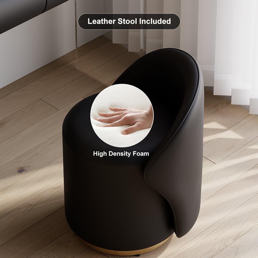 homary Black Makeup Vanity Set with LED Mirror and Dressing Stool, Modern PU Leather Dressing Table with Drawers for Bedroom, Ideal for Women Girls (Black)