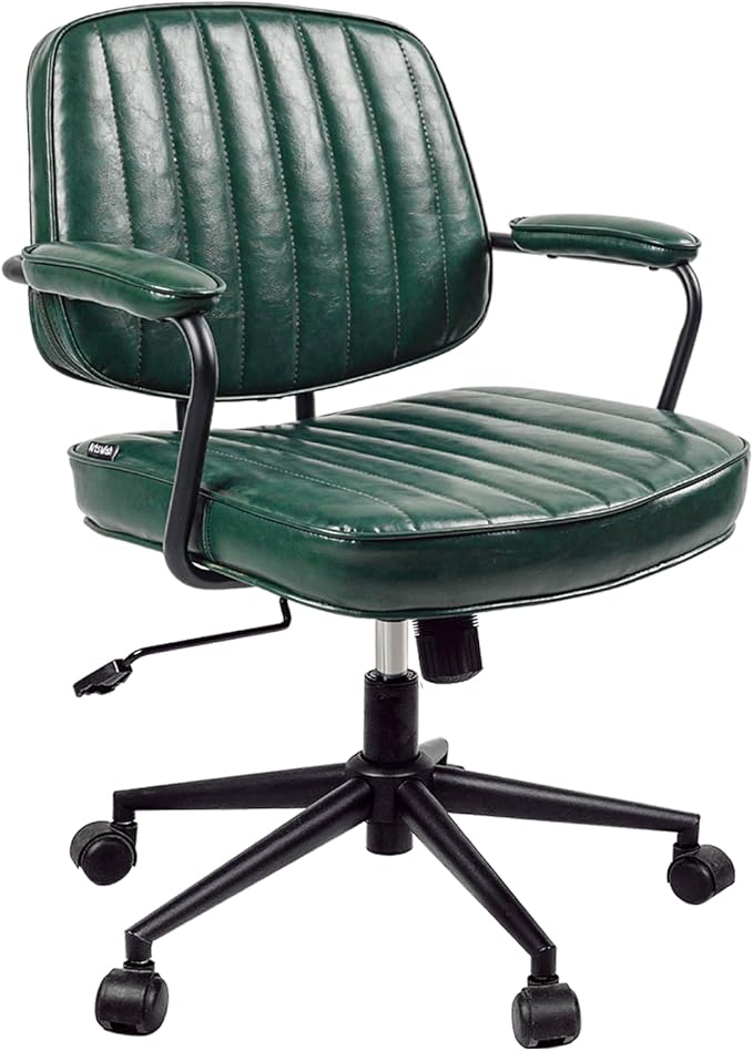 Artswish Mid Century Office Desk Chair - Green Leather Home Office Chair with Wheels and Arms