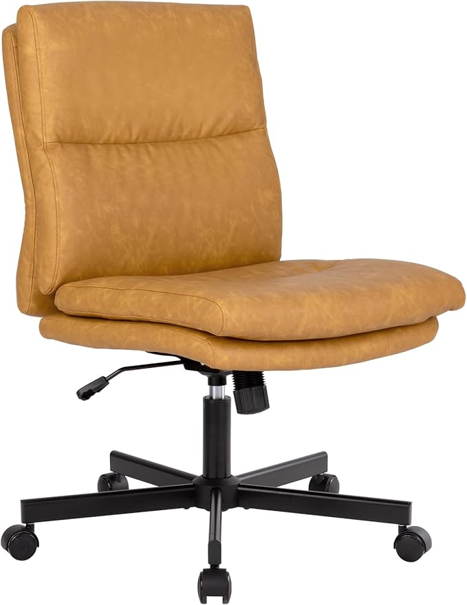 LUCKWIND Armless Office Desk Chair with Wheels, Double Padded PU-Leather Chairs, Mid-Back Criss Cross Swivel Task Chair, Height Adjustable Cushioned Vanity Chair for Home, Office & Bedroom (Yellow)