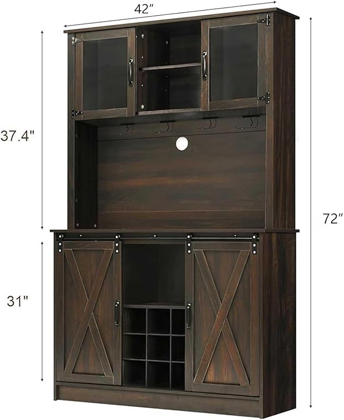 4ever2buy Farmhouse Coffee Bar Cabinet with 4 Mug Hooks, 72 Inch Wine Bar with with Hutch and 2 Sliding Barn Doors, Tall Coffee Bar with 9 Wine Racks for Living Dining Room, Dark Oak