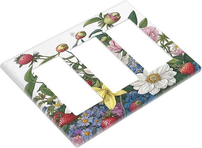Spring Watercolor Flower Plant Strawberry Peony Floral Light Switch Covers 3 Gang Rocker Decorative Triple Outlet Wall Plate Cover Switchplate Electrical GFCI for Bedroom living Room Decor