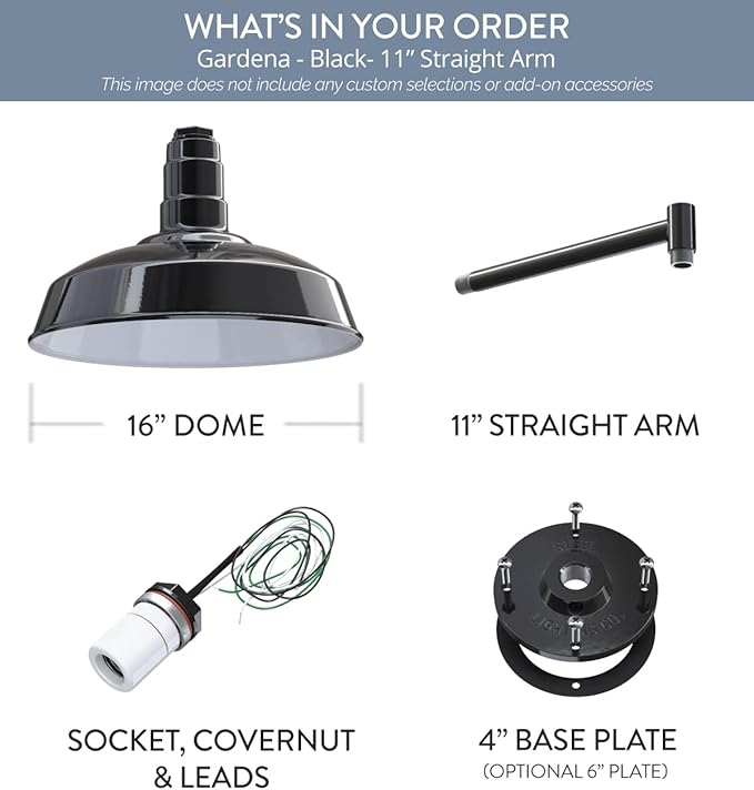 Steel Lighting Co. Gardena Barn Light | Outdoor Wall Mounted | 16" Dome | 11" Straight Arm | Farmhouse Light Made in America | Black Exterior/White Interior