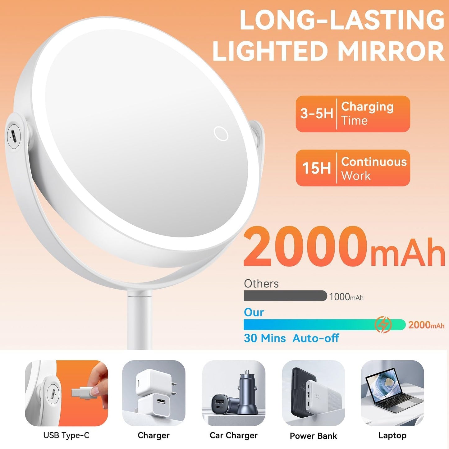 Makeup Mirror with Lights, Double Sided 30X/1X Magnifying Mirror with Light, 3 Color Stepless Dimmable with Touch Screen, Rechargeable 360ยฐ Free Standing Vanity Mirrors for Bathroom, Bedroom
