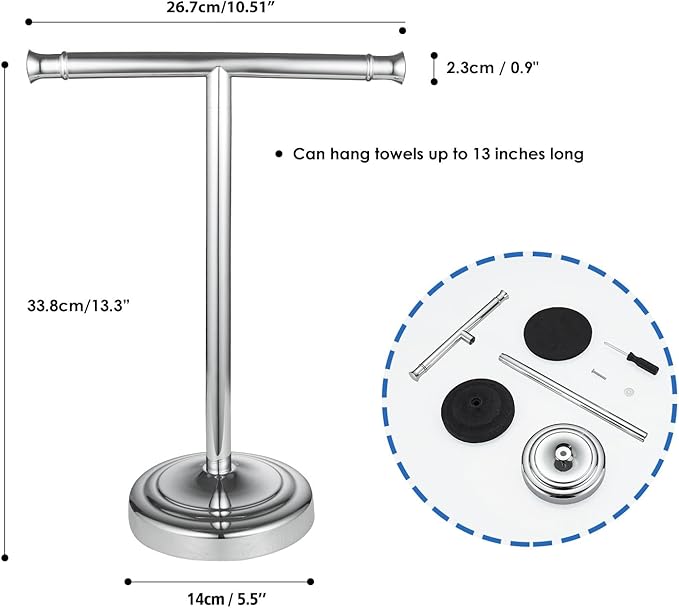 RUMOSE 13 Inch Polished Chrome Towel Stand Hand Towel Holder Bathroom Kitchen Vanity Countertop T-Shape Towel Rack Free Standing Stainless Steel Towel Bar Towel Ring