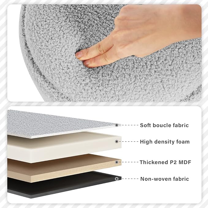 PINPLUS Round Boucle Ottoman with Tray, Storage Teddy Velvet Footstool Ottoman Cube for Living Room, Bedroom, Dorm 13.4"x13.4"x15" (Grey)