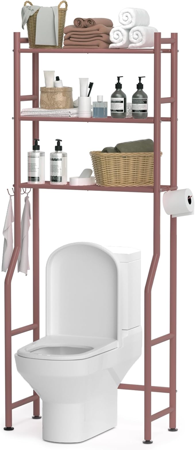 3 Tier Over The Toilet Storage Rack with 2 Basket, Metal Freestanding Bathroom Shelves Toilet with Paper Holder and 4 Hooks, Over Toilet Storage Shelf for Bathroom Storage, Bronze