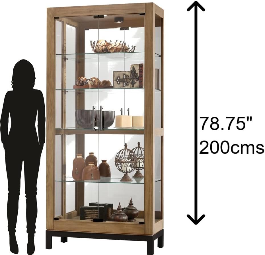 Howard Miller Quinn Curio Cabinet - Long Two Door Showcase Natural Finish Adjustable Shelves & Levelers Illuminated Interior Lightning Perfect for Living Room Office and Room Decor