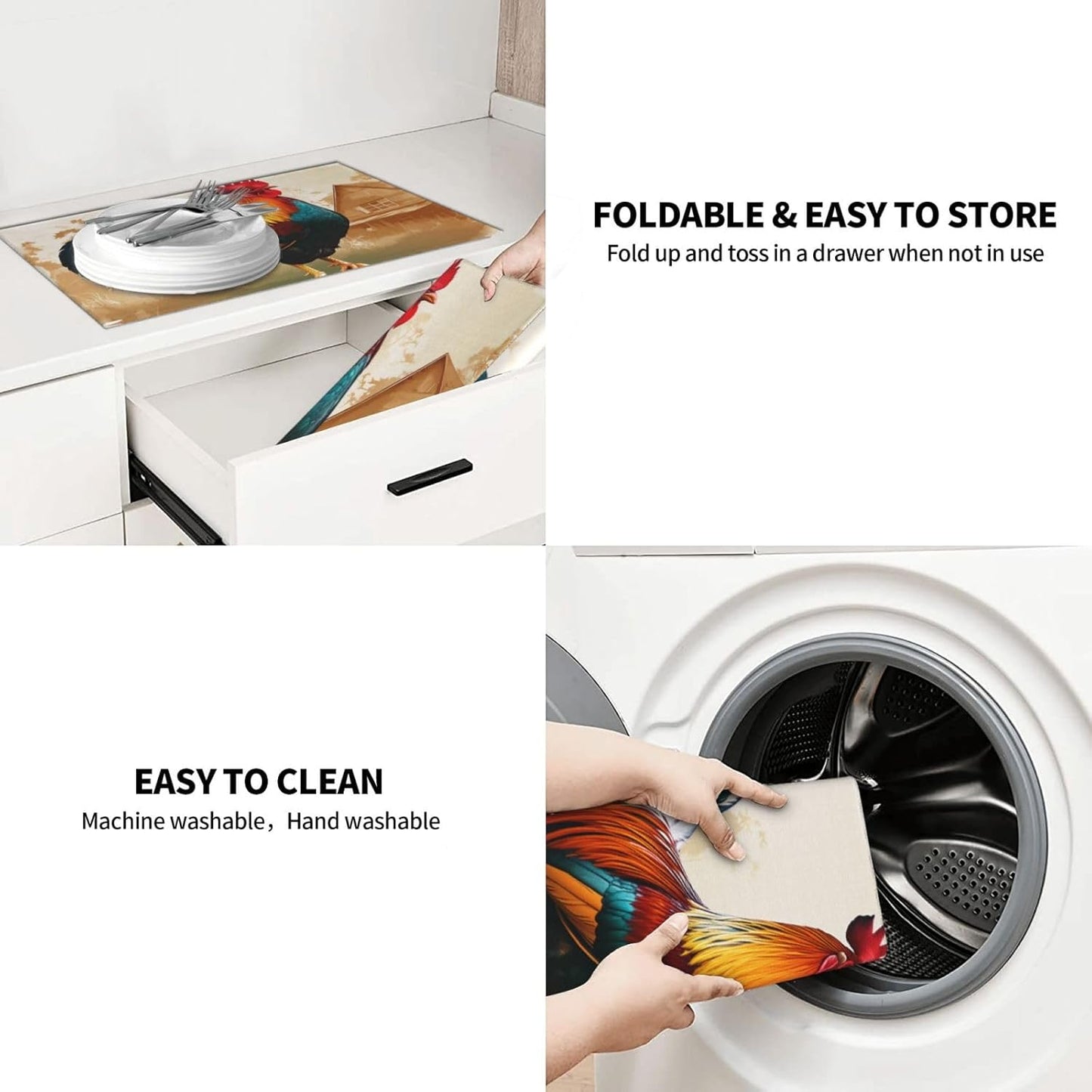 Retro Rooster Dish Drying Mat for Kitchen Counter Absorbent Microfiber Drying Mat Reusable Washable 18x24 Inch Large Dish Mats For Drying Dishes