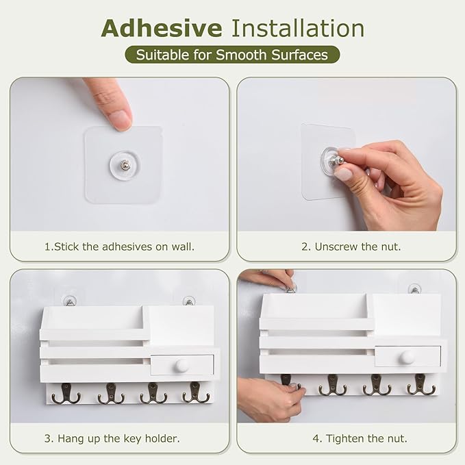 Key Holder Wall Mount, Wooden Adhesive Mail and Key Organizer with Drawer, Small Shelf, 8 Hooks, 2 Installation Methods, White