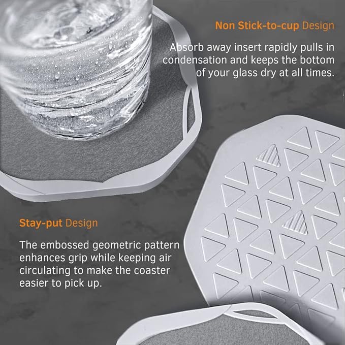 UMIRRO Absorbent Drink Coasters for Tabletop Protection | Silicone Coasters for Drinks Absorbent with Felt Pads | Cup Mat for Coffee, Beer, Wine | Non-Slip, Unbreakable and Kid Safe | Grey Set of 4