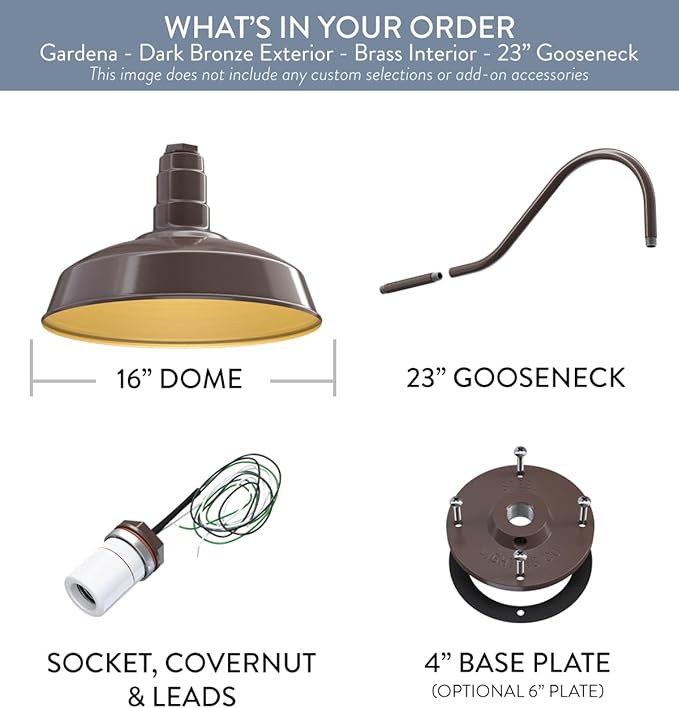 Steel Lighting Co. Gardena Barn Light | Outdoor Wall Mounted | 16" Dome | 23" Gooseneck | Farmhouse Light Made in America | Dark Bronze Exterior/Brass Interior