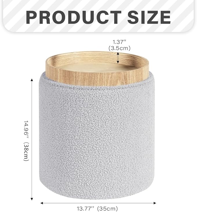 PINPLUS Round Boucle Ottoman with Tray, Storage Teddy Velvet Footstool Ottoman Cube for Living Room, Bedroom, Dorm 13.4"x13.4"x15" (Grey)