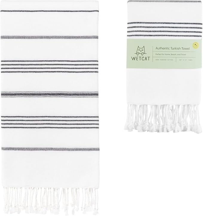 WETCAT Turkish Beach Towel Oversized (38"x71") 100% Turkish Cotton, Made in Turkey - Sand Free, Extra Large, Ultra Soft, Quick Drying, Compact & Lightweight for Travel - Black and White