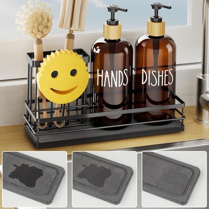 Moforoco Kitchen Dish Soap Dispenser Set, 16OZ Glass Bottle, Hand and Dish Soap Dispenser Set, Instant Dry Tray, Non-Slip Silicone Pad, Brush Holder with Sponge Holder, Kitchen Decor(Amber Bottle)