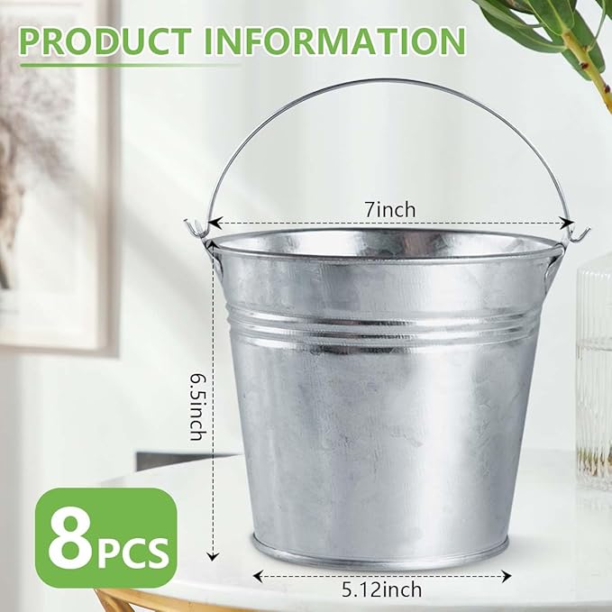 OBTANIM 8 Pack Galvanized Metal Buckets with Handle Ice Pails for Plants, Succulents, Party Favors Organizing, Rustic Home Decor or Classrooms Pencil Storage (7 x 5.1 inch)