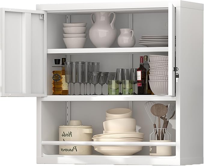 LUCYPAL Metal Wall Cabinet,Garage Wall Mounted Cabinets with Adjustable Shelf and Doors,Steel Hanging Cabinet with Open Storage for Home Office,Bathroom,Kitchen,White