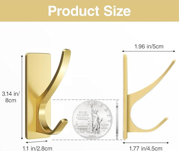 Self Adhesive Coat Hooks for Hanging, Heavy Duty Stainless Double Wall Hook for Towel, Backpack, Hat, Sturdy Metal Hanger for Bathroom, Bedroom, Door, Wall Mounted, 4-Pack, Brushed Gold