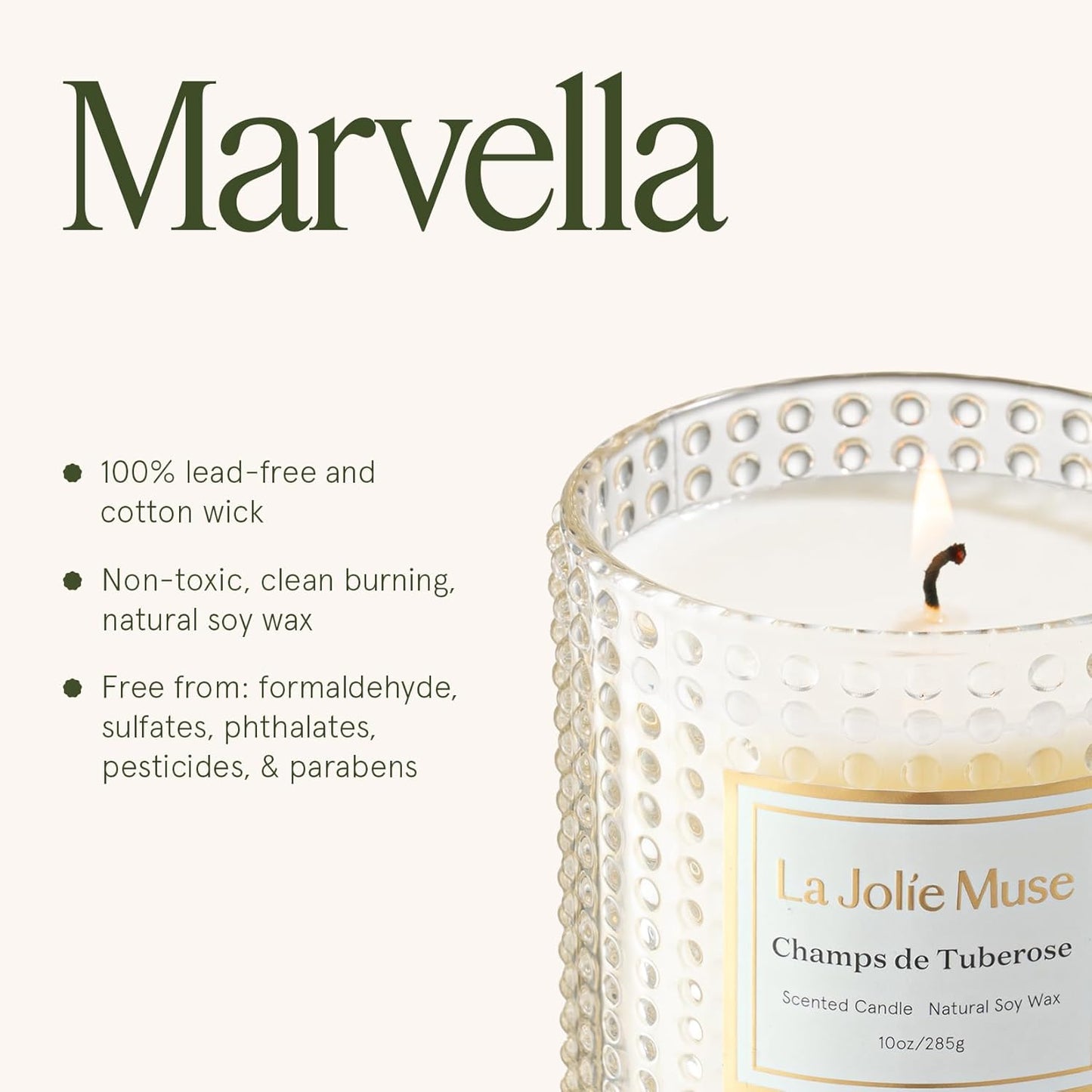 LA JOLIE MUSE Champs de Tuberose Scented Candle - Ylang, Tuberose, Orange Blossom | 10 oz Natural Soy Wax | 55 Hours Clean Burn | Floral Scented Candle | Gift-Ready for Hosts & Gatherings
