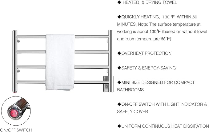 HEATGENE Towel Warmer 4 Bar Towel Dryer Wall-Mounted Plug-in Bath Towel Heater - Brushed