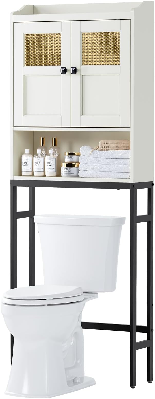 Over The Toilet Storage Cabinet, Bathroom Organizer Over Toilet Storage with Rattan Doors and Soft Hinges Above Toilet Bathroom Storage Over-The-Toilet Storage (Cream White)