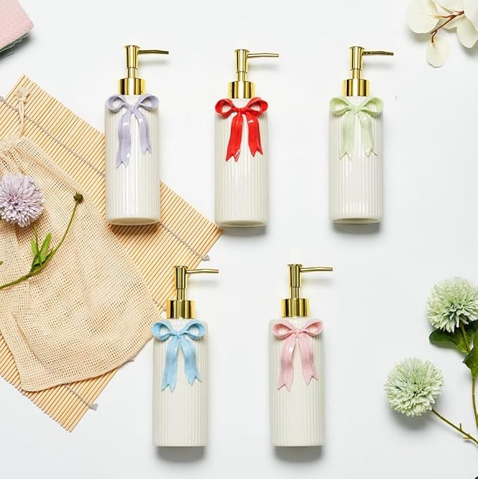 Handmade Ceramic Bow Soap Pump Dispenser Hand Lotion Liquid Dispenser Refillable for Kitchen and Bathroom Decorative (Ribbon Pink)