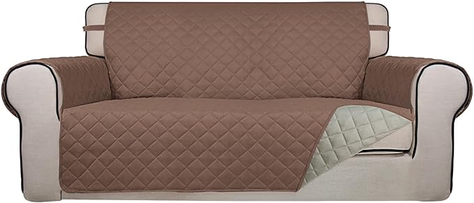 PureFit Reversible Quilted Sofa Cover, Water Resistant Slipcover Furniture Protector, Washable Couch Cover with Non Slip and Elastic Straps for Kids, Dogs, Pets (Oversized Loveseat, Brown/Beige)