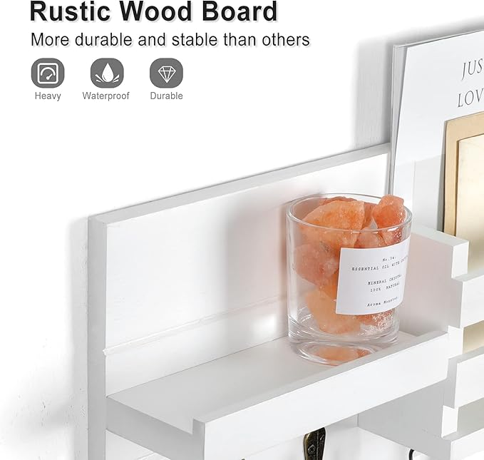 Mail Organizer for Wall Mount – Key Holder with Shelf Includes Letter Holder and Hooks for Coats, Dog Leashes – Rustic Wood with Flush Mounting Hardware (16.5” x 8.7” x 3.5”)