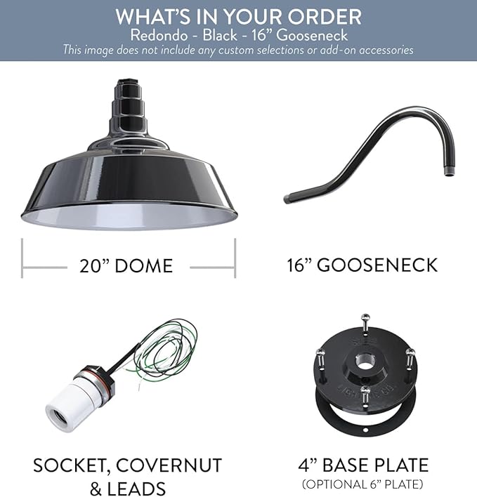 Steel Lighting Co. Redondo Barn Light | Outdoor Wall Mounted | 20 inch Dome | 16 inch Gooseneck | Large Farmhouse Warehouse Light Made in America | Black Exterior/White Interior