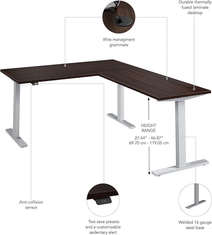 Bush Business Furniture 60-inch Height Adjustable L Shaped Standing Desk, Electric Sit-Stand Corner Computer Table, Ergonomic Office, Move 60 Series, Black Walnut with Metallic Gray Base