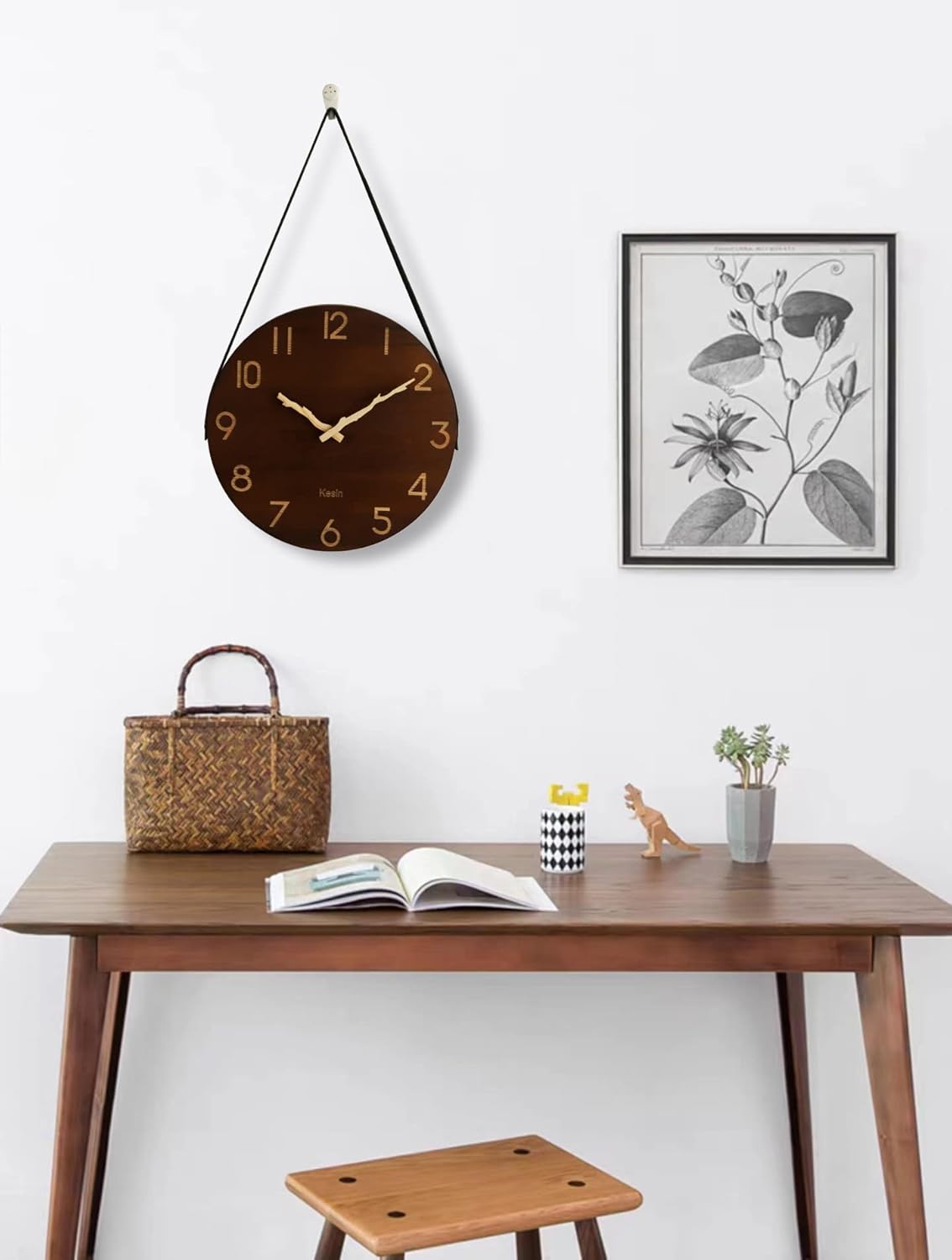 Kesin Wall Clock 10 Inch Silent Wooden Wall Clock Battery Operated Hand Made Retro Fashion Clock with Rope Hanging Decorative for Living Room,Kitchen,Bedroom,Office