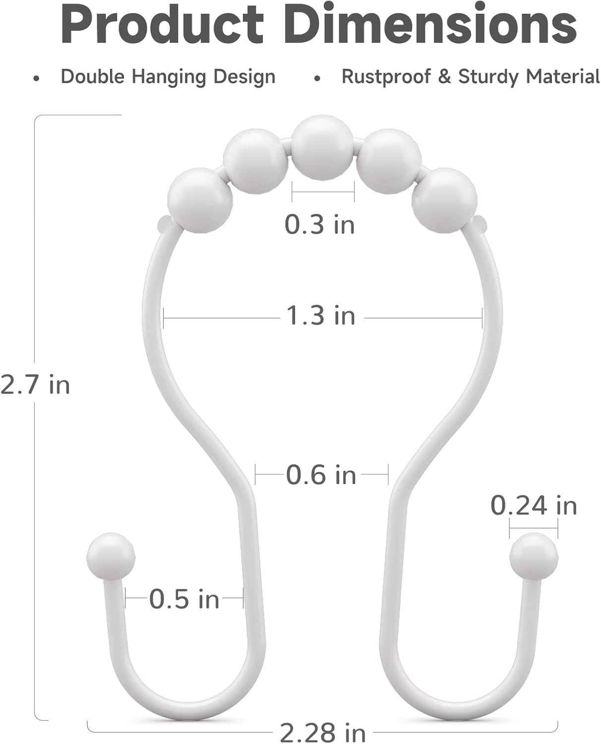 White Shower Curtain Hooks and Rings - Rust Proof, Smooth Glide, Double Hooks, 12 Pcs