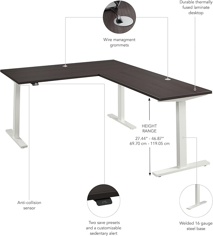 Bush Business Furniture 60-inch Height Adjustable L Shaped Standing Desk, Electric Sit-Stand Corner Computer Table, Ergonomic Office, Move 60 Series, Storm Gray with White Base