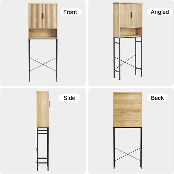 Over The Toilet Storage Cabinet with Fluted Doors and Adjustable Shelf, Tall Bathroom Organizer with Metal Stand Space Saver Over Toilet , Wood Rack for Bathroom, Restroom, Laundry, Natural Oak