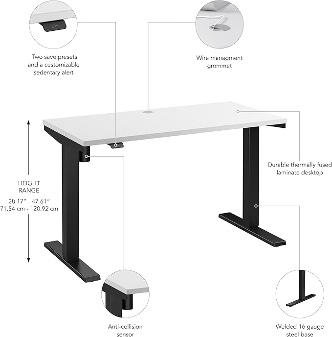 Bush Business Furniture 48-inch Electric Height Adjustable Standing Desk, Ergonomic Sit-Stand Computer Table for Home and Professional Office, Move 40 Series, White with Black Base