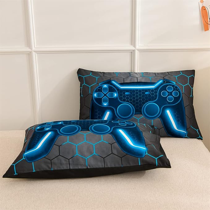 NTBED Game Console Comforter Set for Boys Girls Kids 3D Gaming Geometric Lightweight Microfiber Bedding Sets (blue, Queen)
