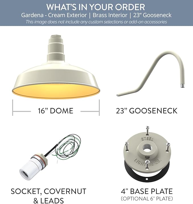 Steel Lighting Co. Gardena Barn Light | Outdoor Wall Mounted | 16" Dome | 23" Gooseneck | Farmhouse Light Made in America | Cream Exterior/Brass Interior