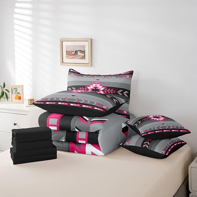 Southwest Native American Bedding Set King Southwestern Geometric 7 Piece Bedding Set Decor Tribal Rose Pink Grey Black Bed Set Includes Comforter, Sheet Set, Pillowcases & Pillow Covers Modern Art