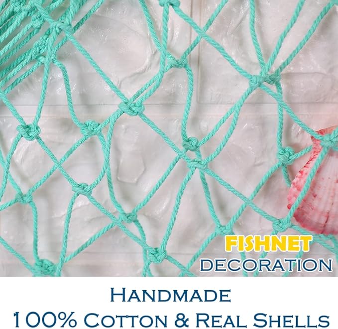 Natural Fishing Net Decor with Shells 79 Inch Beach Theme Decor for Party Home Bedroom Wall Hanging Fish Net Decorations (Aqua)
