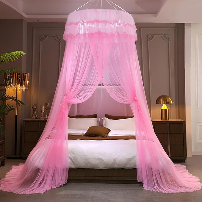 Kertnic Mosquito Net Bed Canopy for Girls, Princess Canopy Bed Curtain Fine Sheer Mesh Dome Bed Canopies, Kids & Adults Lace Tent for Twin Full Queen King Bed (Pink)
