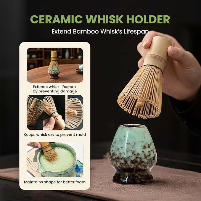 Matcha Whisk Set, Green Matcha Set (9 Pcs) Includes Matcha Bowl, Whisk & Holder, Scoop, Sifter, Spoon, Scoop Rest, Tea Mat, Hand Book - Ideal Ceramic Matcha Kit for Matcha Lovers