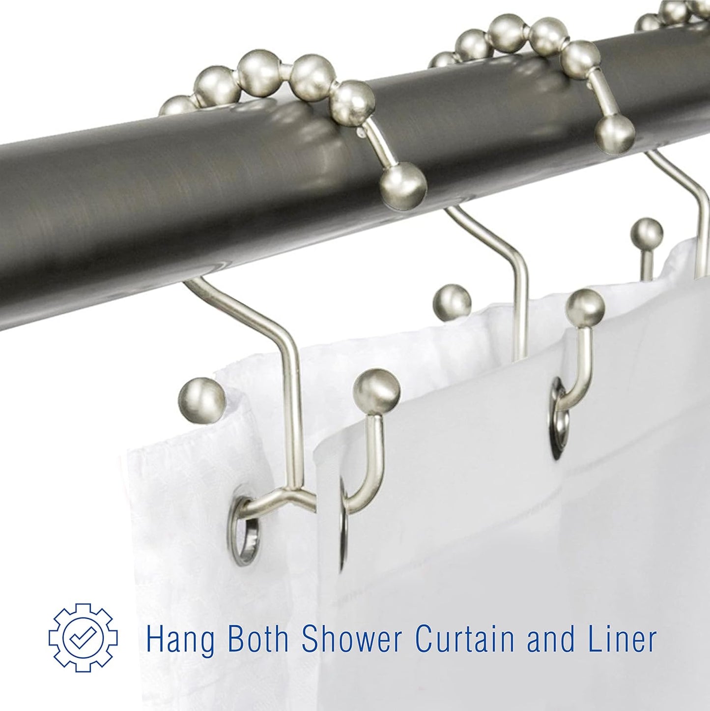 2LB Depot Double Shower Curtain Hooks Rings Polished Nickel Decor Finish Premium Rust-Resistant Stainless Steel Metal Hooks Roller Balls Glide on Shower Rods 12-Piece Set