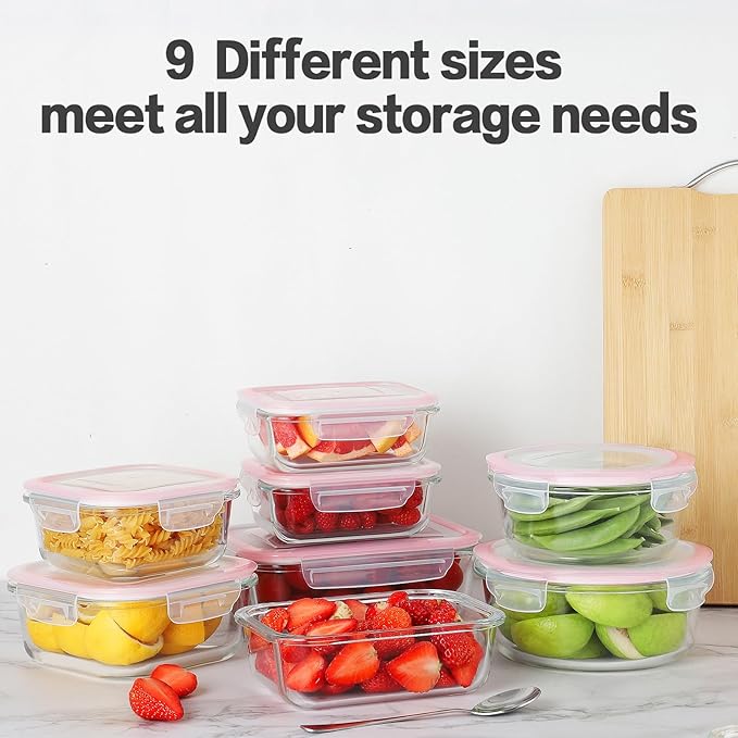 HOMBERKING 24pc Glass Food Storage Containers with Lids, Glass Meal Prep Containers, Airtight Glass Bento Boxes, BPA Free & Leak Proof, Pantry Kitchen Storage(12 lids & 12 Containers) - Pink