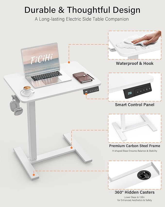Small Mobile Standing Desk with Wheels, Electric Height Adjustable Portable Rolling Computer Cart, Movable Sit Stand Laptop Table for Sofa, Bedside, Home Office Workstation (27.6", White)