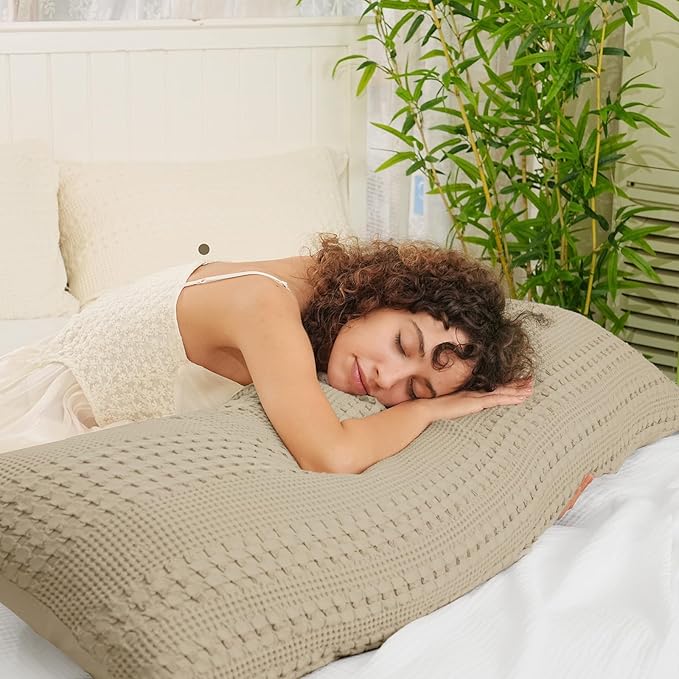 PHF Waffle Weave Body Pillowcase with Zipper, 1 Pack 100% Cotton 20" x 54" Pillow Sham, No Insert, Soft & Breathable Pillow Case, Aesthetic Woven Body Pillow Cover for Bedroom Decor, Khaki